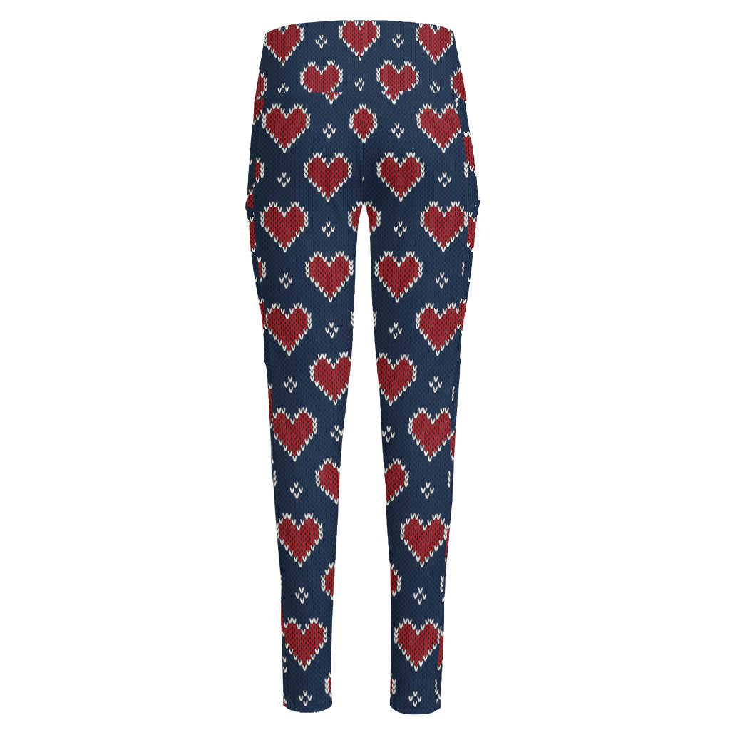 Heart Knitted Pattern Print High-Waisted Pocket Leggings