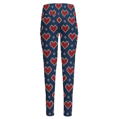 Heart Knitted Pattern Print High-Waisted Pocket Leggings