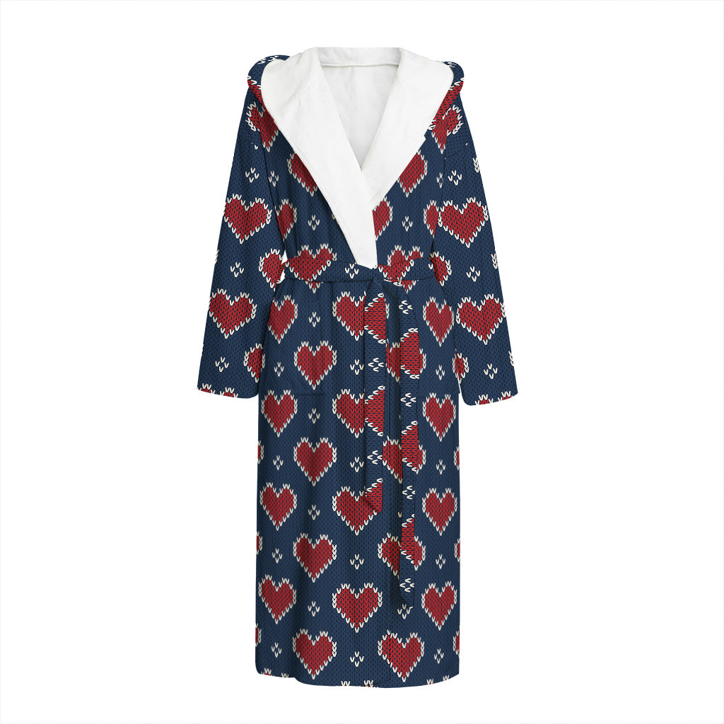 Heart Knitted Pattern Print Hooded Bathrobe