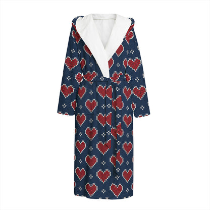 Heart Knitted Pattern Print Hooded Bathrobe
