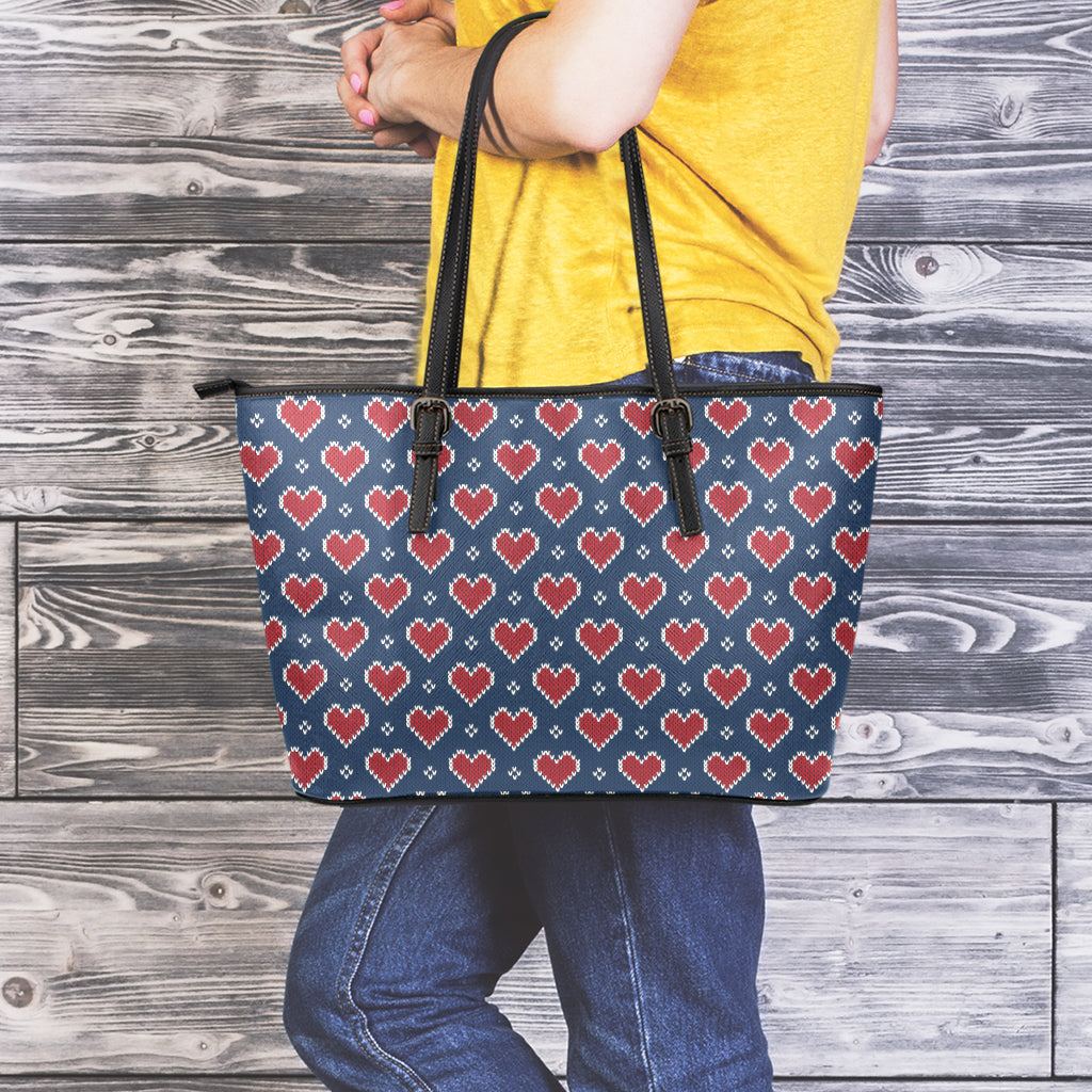 Heart Knitted Pattern Print Leather Tote Bag