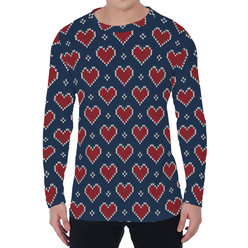 Heart Knitted Pattern Print Men's Long Sleeve T-Shirt