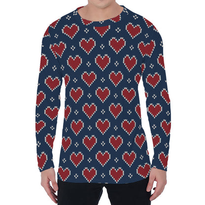 Heart Knitted Pattern Print Men's Long Sleeve T-Shirt