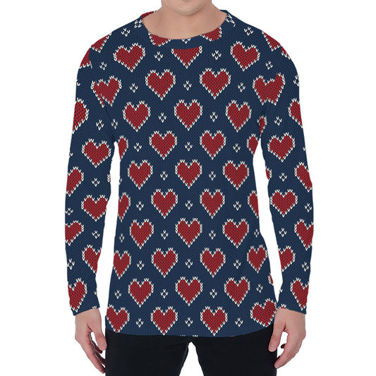 Heart Knitted Pattern Print Men's Long Sleeve T-Shirt