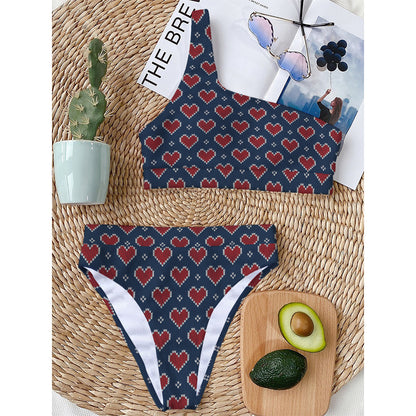 Heart Knitted Pattern Print One Shoulder Bikini Top