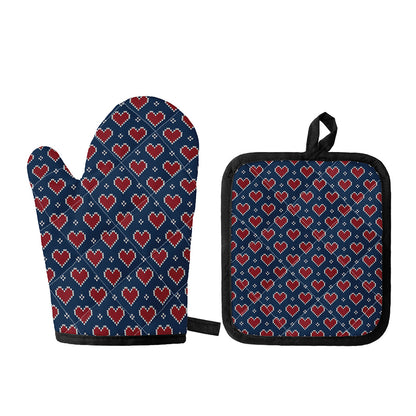 Heart Knitted Pattern Print Oven Mitt And Pot Holder Set