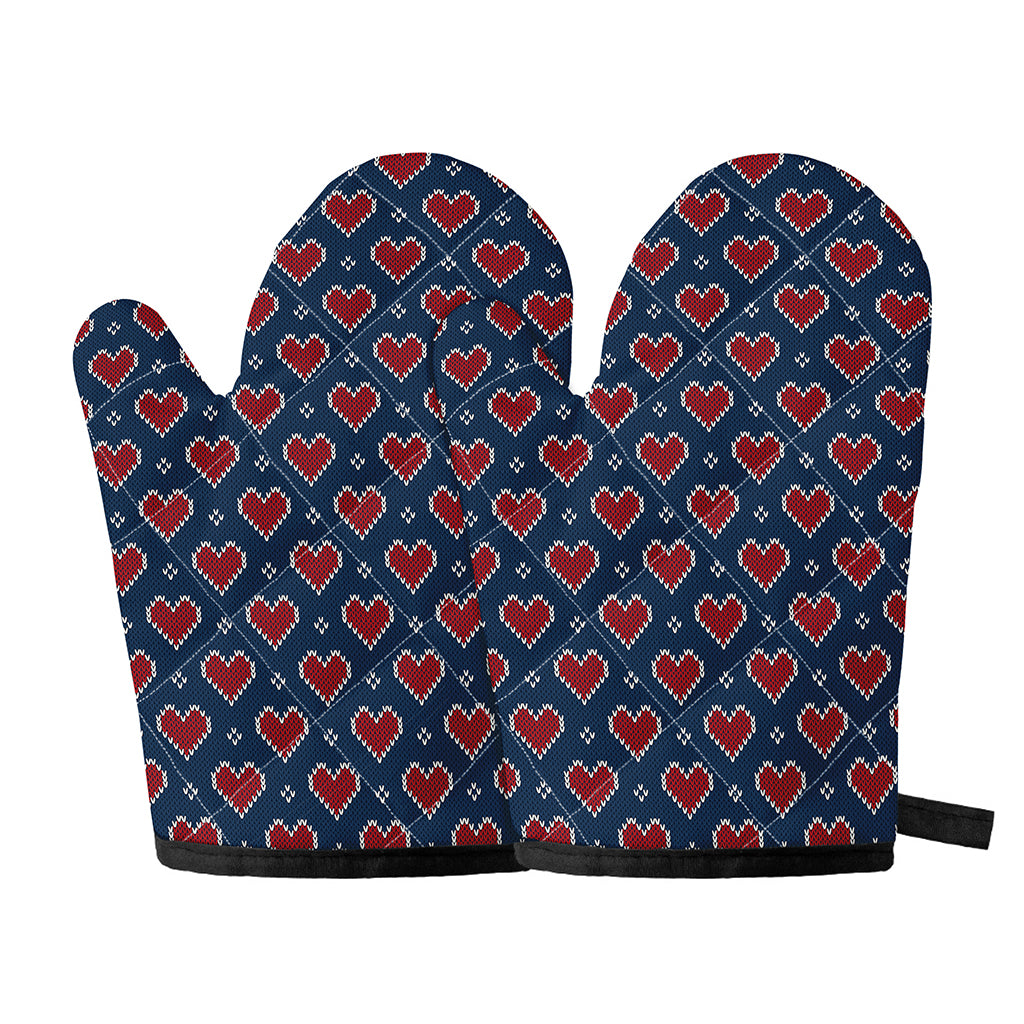 Heart Knitted Pattern Print Oven Mitts