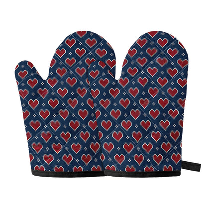 Heart Knitted Pattern Print Oven Mitts
