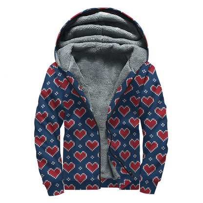 Heart Knitted Pattern Print Sherpa Lined Zip Up Hoodie