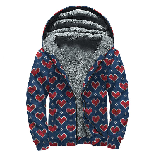 Heart Knitted Pattern Print Sherpa Lined Zip Up Hoodie