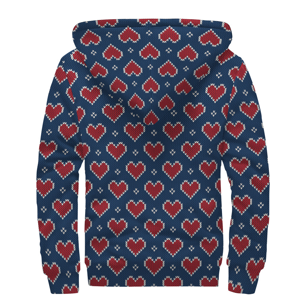 Heart Knitted Pattern Print Sherpa Lined Zip Up Hoodie