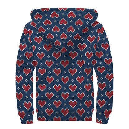 Heart Knitted Pattern Print Sherpa Lined Zip Up Hoodie