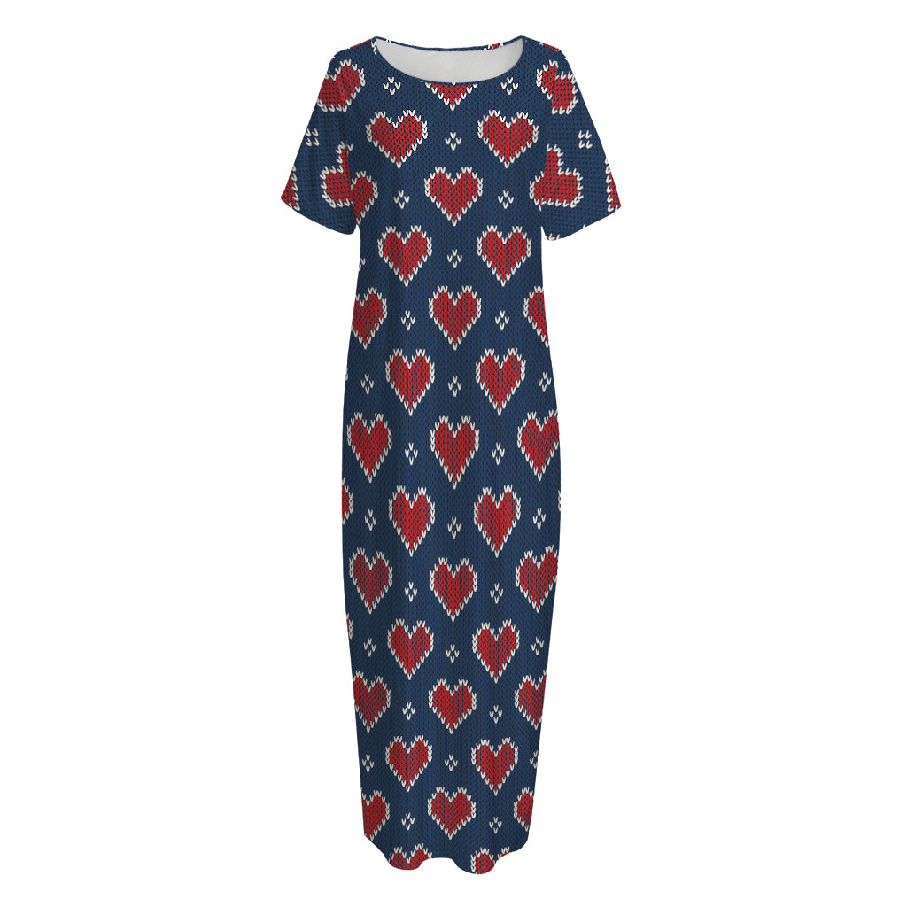 Heart Knitted Pattern Print Short Sleeve Long Nightdress