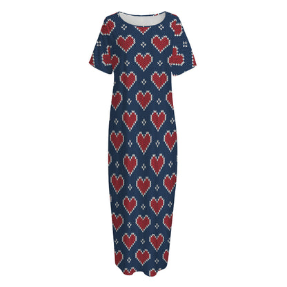 Heart Knitted Pattern Print Short Sleeve Long Nightdress