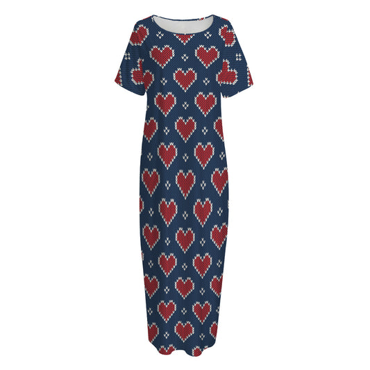 Heart Knitted Pattern Print Short Sleeve Long Nightdress