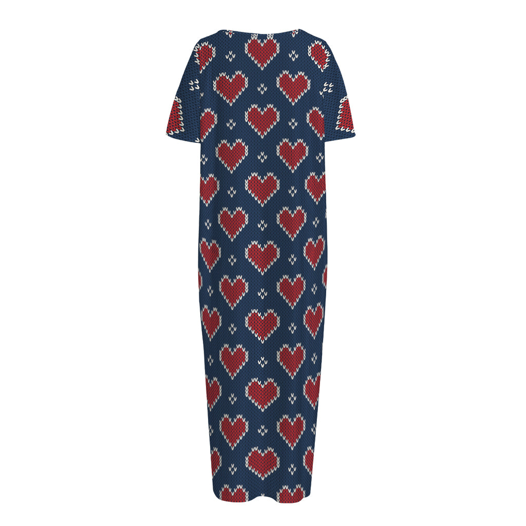 Heart Knitted Pattern Print Short Sleeve Long Nightdress
