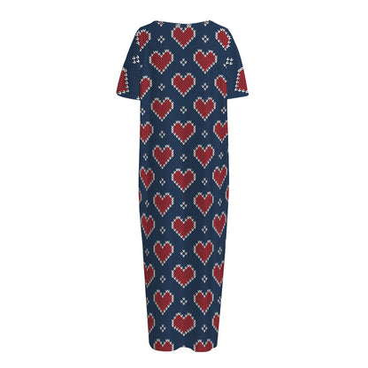 Heart Knitted Pattern Print Short Sleeve Long Nightdress