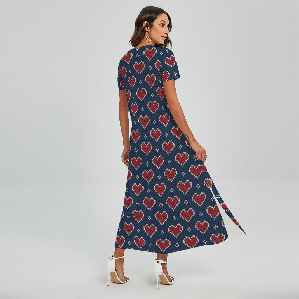 Heart Knitted Pattern Print Short Sleeve Maxi Dress