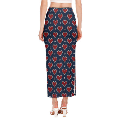 Heart Knitted Pattern Print Side Slit Maxi Skirt