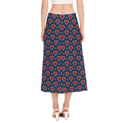 Heart Knitted Pattern Print Side Slit Midi Skirt