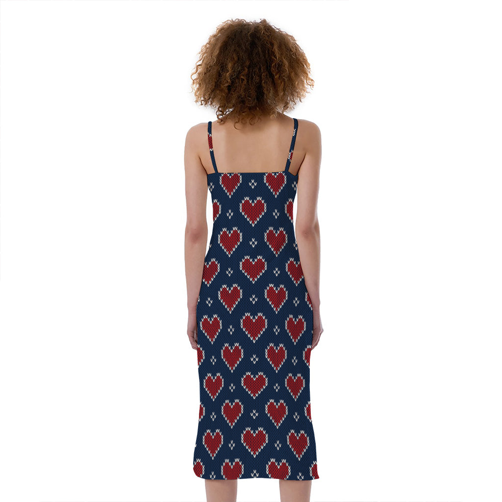 Heart Knitted Pattern Print Slim Fit Midi Cami Dress