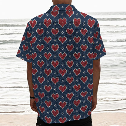 Heart Knitted Pattern Print Textured Short Sleeve Shirt