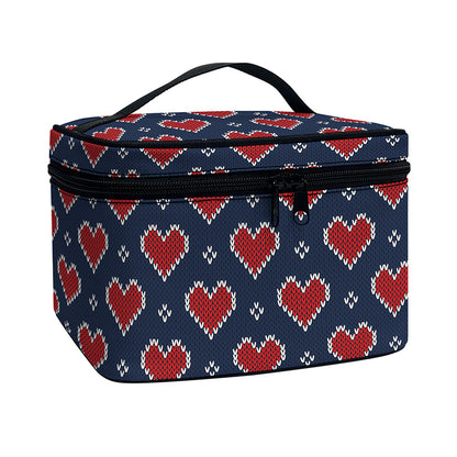 Heart Knitted Pattern Print Travel Makeup Bag