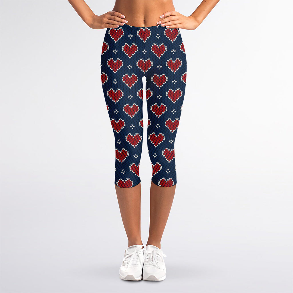 Heart Knitted Pattern Print Women's Capri Leggings