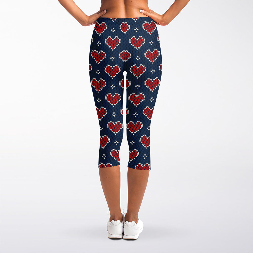 Heart Knitted Pattern Print Women's Capri Leggings