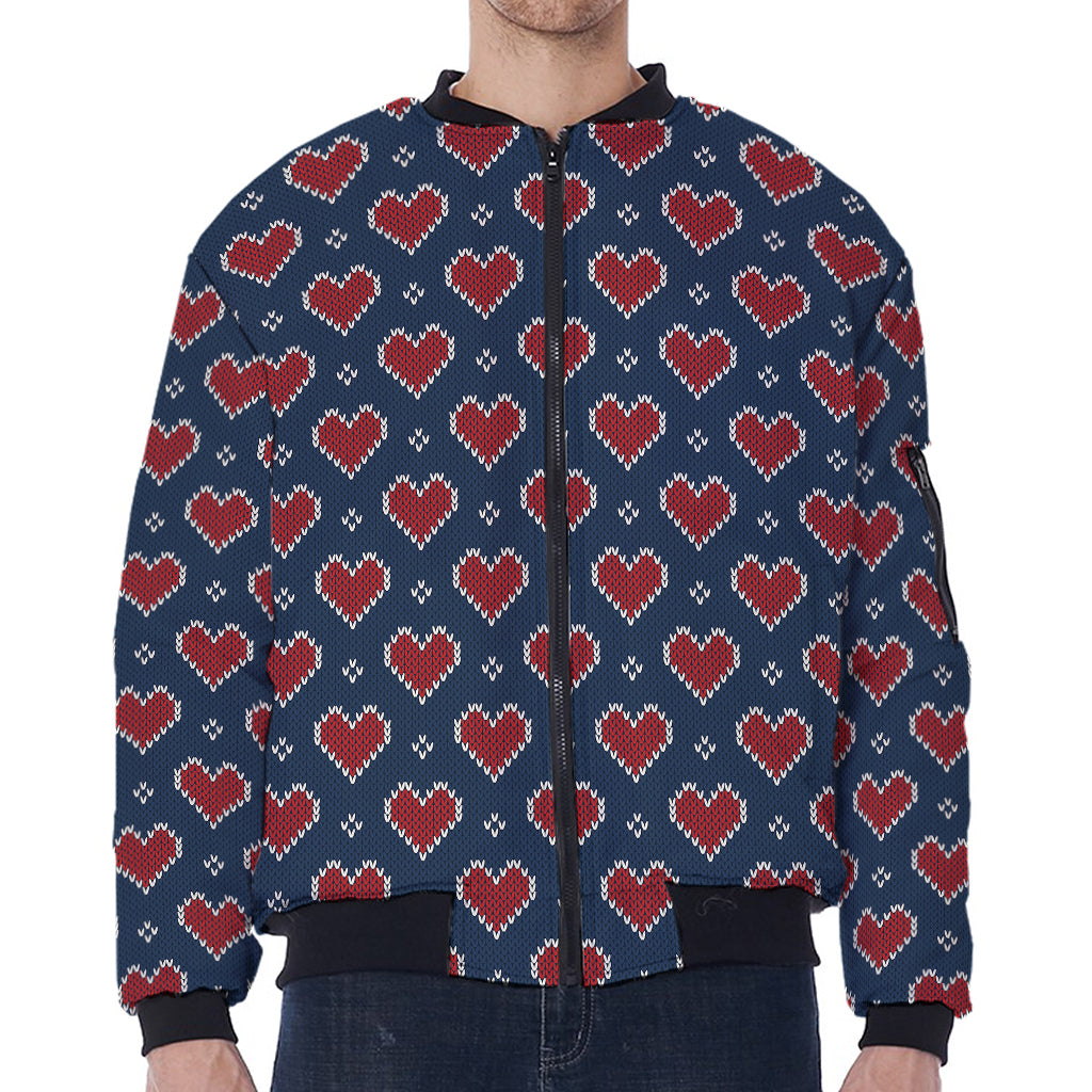 Heart Knitted Pattern Print Zip Sleeve Bomber Jacket
