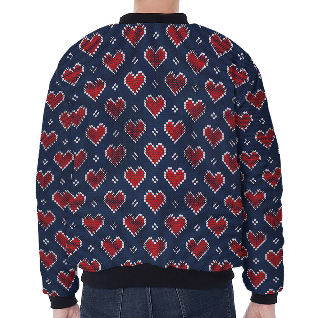 Heart Knitted Pattern Print Zip Sleeve Bomber Jacket