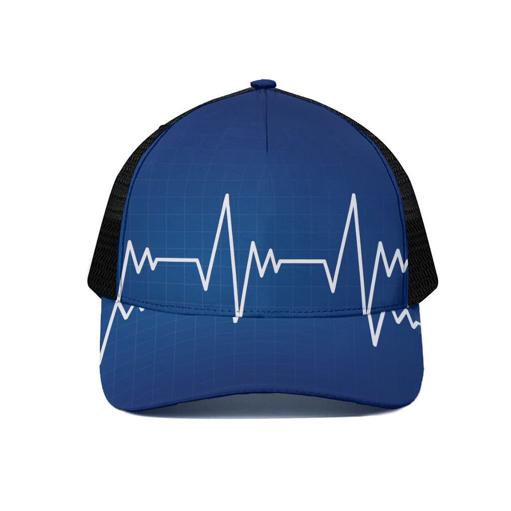 Heartbeat Cardiogram Print Black Mesh Trucker Cap