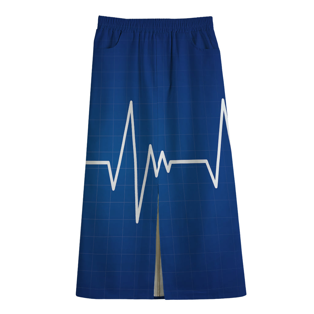 Heartbeat Cardiogram Print Cotton Front Slit Maxi Skirt