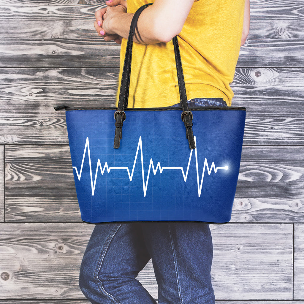 Heartbeat Cardiogram Print Leather Tote Bag