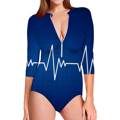 Heartbeat Cardiogram Print Long Sleeve Swimsuit