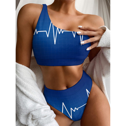 Heartbeat Cardiogram Print One Shoulder Bikini Top