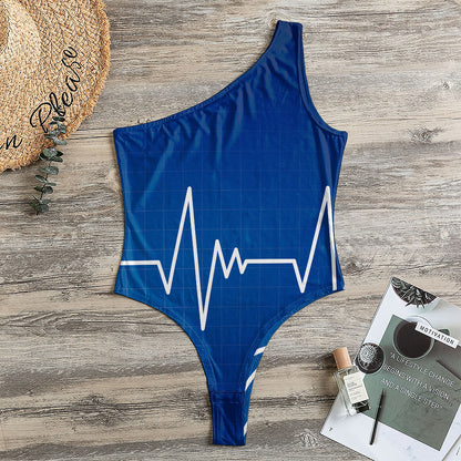 Heartbeat Cardiogram Print One Shoulder Bodysuit