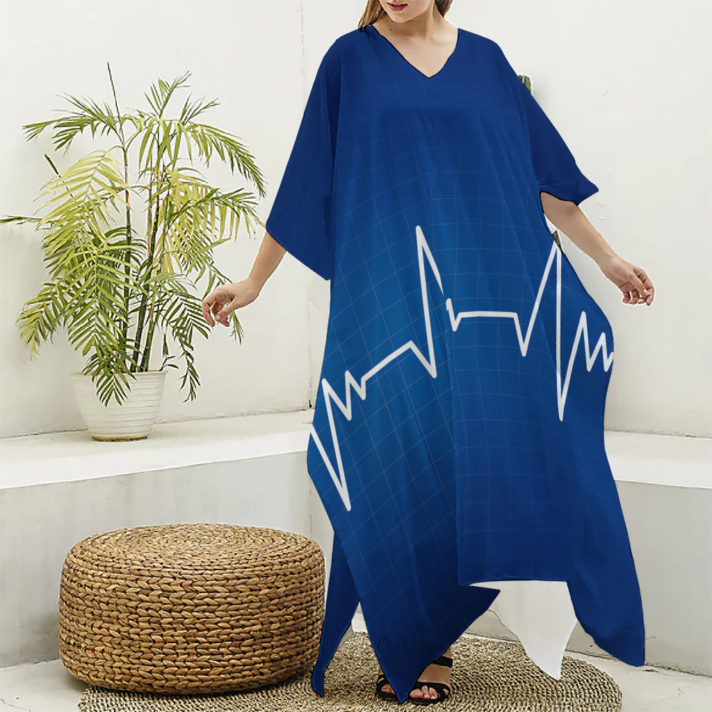 Heartbeat Cardiogram Print Silk V-Neck Kaftan Dress