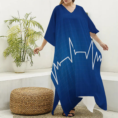 Heartbeat Cardiogram Print Silk V-Neck Kaftan Dress