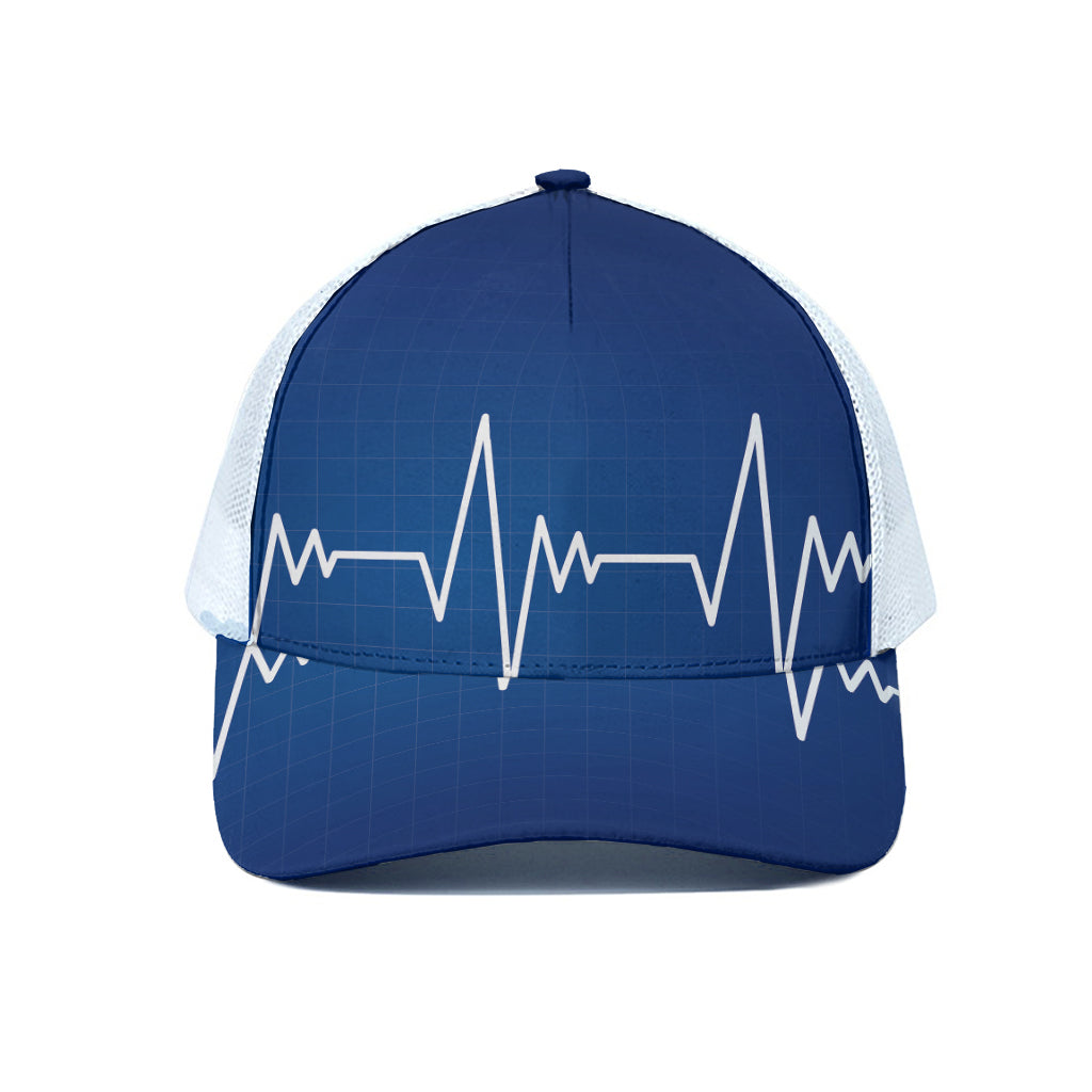 Heartbeat Cardiogram Print White Mesh Trucker Cap