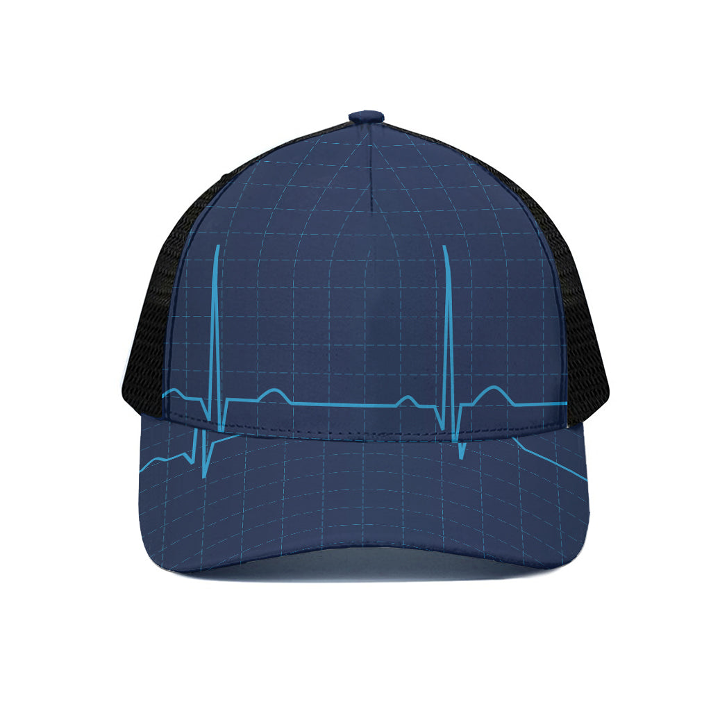 Heartbeat Electrocardiogram Print Black Mesh Trucker Cap