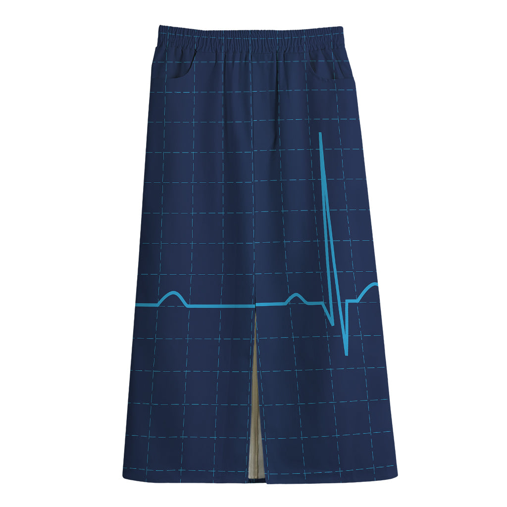 Heartbeat Electrocardiogram Print Cotton Front Slit Maxi Skirt