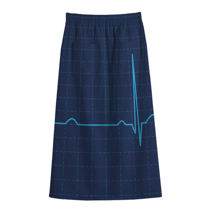Heartbeat Electrocardiogram Print Cotton Front Slit Maxi Skirt