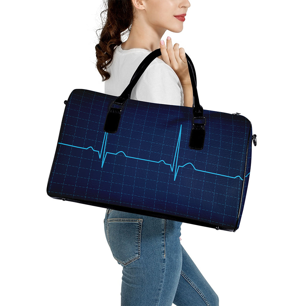 Heartbeat Electrocardiogram Print Leather Duffle Bag