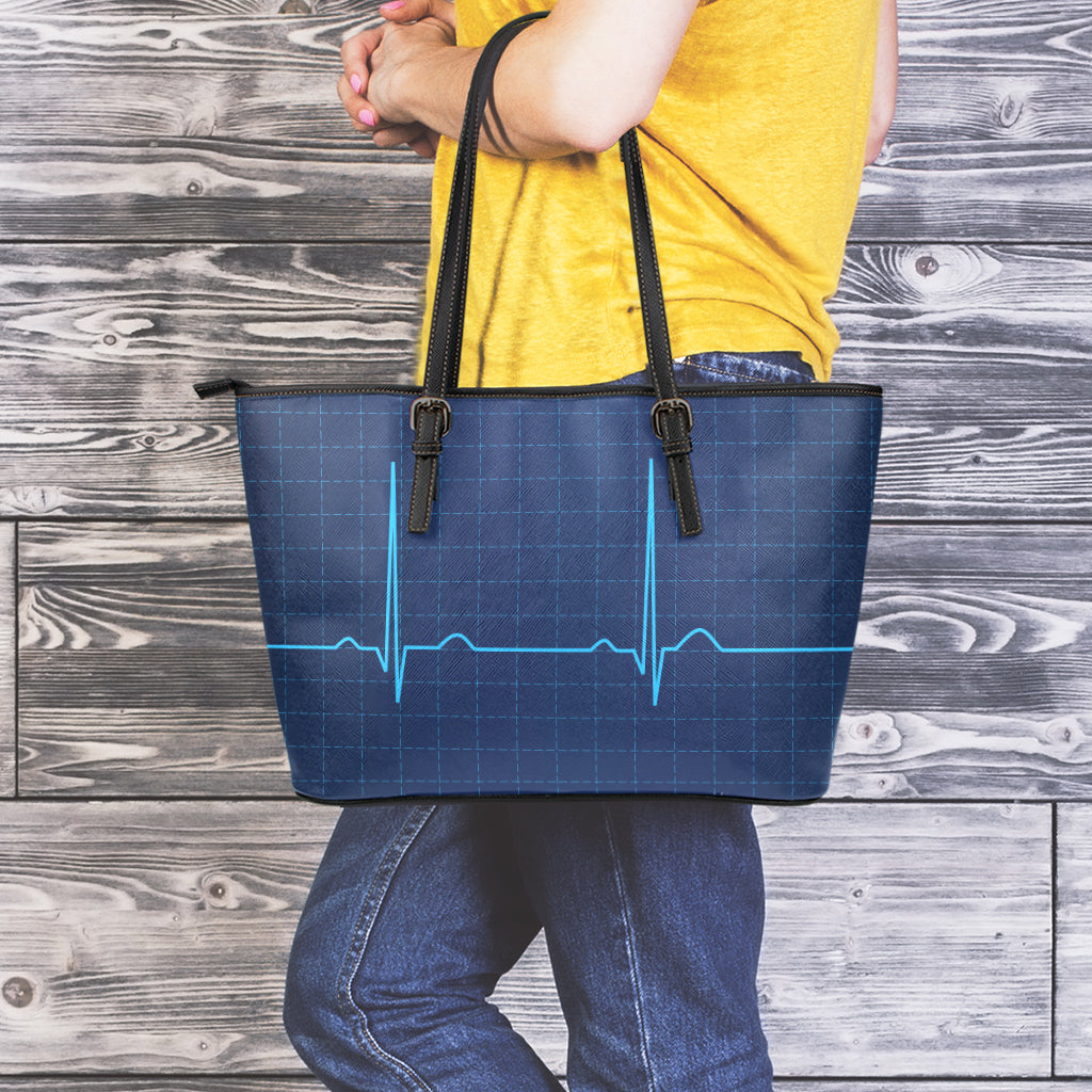 Heartbeat Electrocardiogram Print Leather Tote Bag