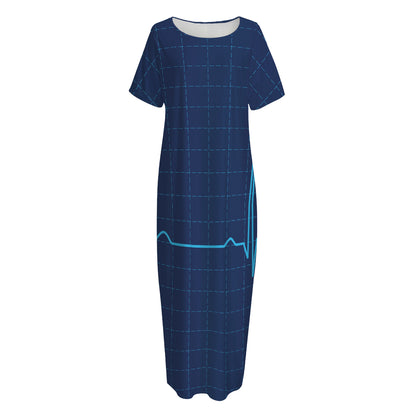 Heartbeat Electrocardiogram Print Short Sleeve Long Nightdress