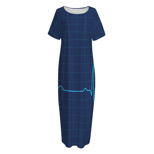 Heartbeat Electrocardiogram Print Short Sleeve Long Nightdress