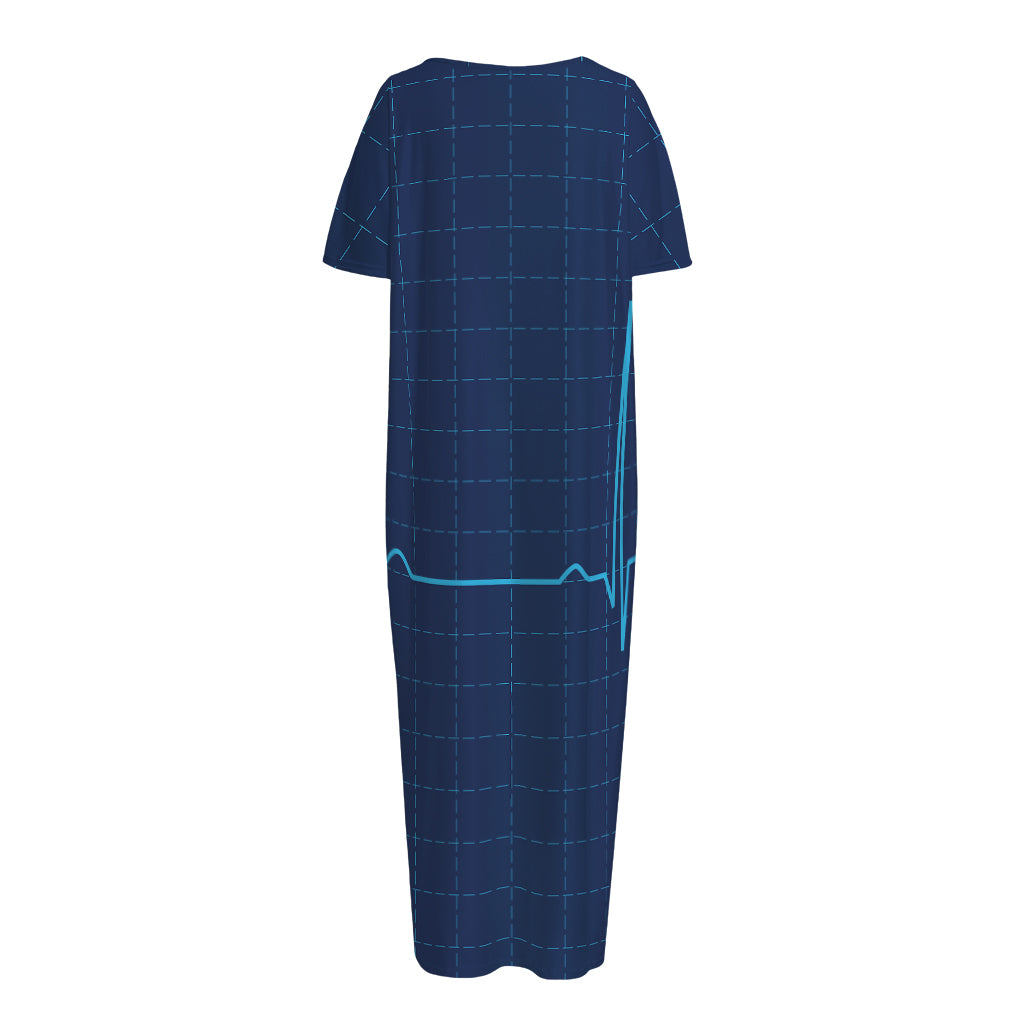 Heartbeat Electrocardiogram Print Short Sleeve Long Nightdress