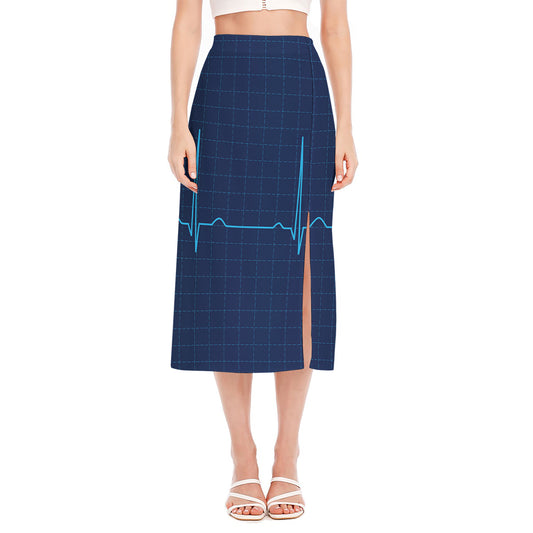 Heartbeat Electrocardiogram Print Side Slit Midi Skirt