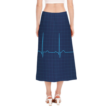 Heartbeat Electrocardiogram Print Side Slit Midi Skirt